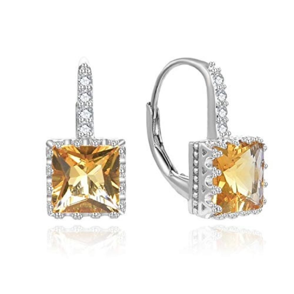 Citrine Princess Cut 925 Silver Earrings